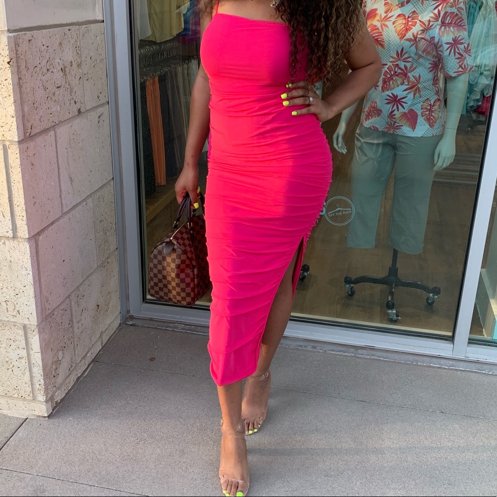 Hot Pink Fitted Mesh Dress